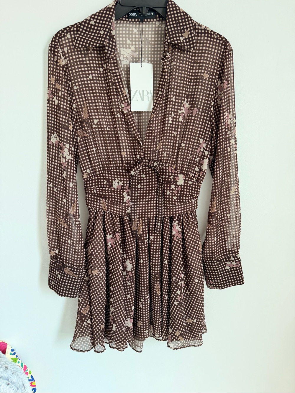 Zara Brown Gingham Dress with Pink Floral Accents